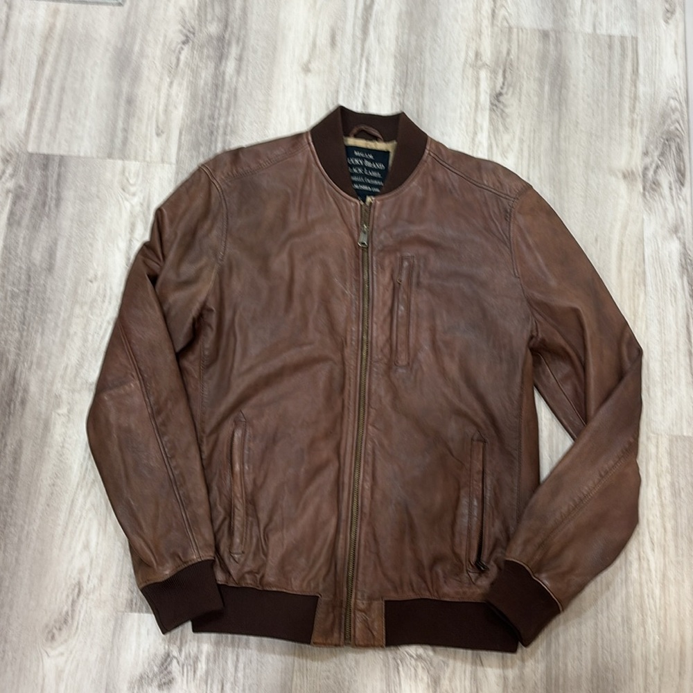 Lucky Brand Black label  Brown Leather Bomber Aviator men  Jacket size small - Picture 3 of 9